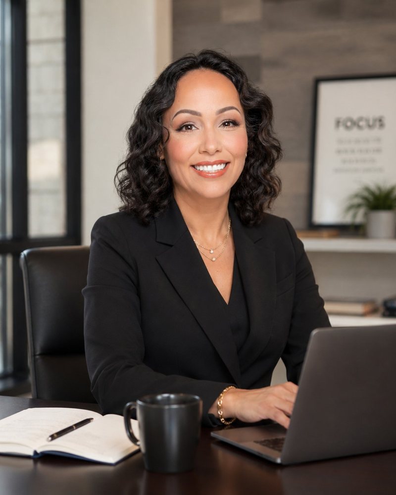 Trina at desk in black blazer
