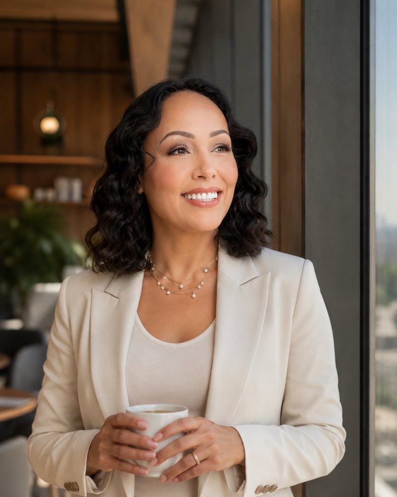 Trina at boardroom table with city skyline